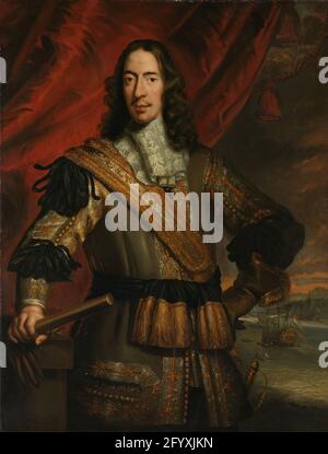 Cornelis de Witt (1623-1672), Burgomaster oder Dordrecht und Lord Lieutenant oder Putten. Porträt von Cornelis de Witt, Bürgermeister von Dordrecht und Ruwaard van Putten. Im Hintergrund die Eroberung des Schiffes The Royal Charles während der Reise nach Chatham im Jahr 1667. Stockfoto