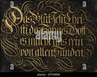 Hinter-Glas-Malerei mit kalligrafierten Sprichwort: Das Blut von Jesus Christus, dem Sohn Gottes, reinigt uns VON ALLER SÜNDE. ECHALLAFREFEE SPELUK MET DE Tekst: Das Blut Jesu Christi des Sohnes Gottes macht uns rein zu allen Sünden. Stockfoto