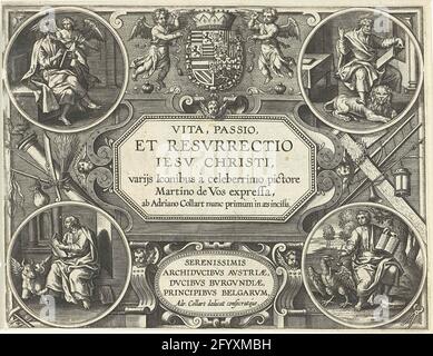 Titeltitel, Passio et Resurrectio Jesu Christi; Vita, Passio et Resvrrectio IESV Christi; Leben, Leidenschaft und Auferstehung Christi. In einer achteckigen Liste der Titel der Serie. Es gibt zwei Putti das Wappen von Archdertogen Albrecht und Isabella oben. Unter dem Titel eine Kartusche mit Widmung. Neben dem Titel die Utensilien der Leidenschaft. In den vier Ecken des Abdrucks ein rundes Bild mit einem der vier Evangelisten. Der Druck ist Teil einer Serie über das Leben Christi. Stockfoto