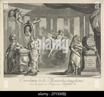 Allegorie auf die Nachfolge von Leopold II.; Consalation de la Monarchie Autrichien sur La Mort de l'Empereur Leopold II. Allegorie auf die Thronfolge des österreichischen Kaiser Leopold II. Durch seinen Sohn Frans II. Minerva und Justitia lehnen sich auf einen Steinsockel. Über ihnen schweben zwei Putten, die die Porträts von Leopold II. Und French II. Tragen Rechts das Grabdenkmal von Leopold II. Mit der trauernden Kaiserin. Stockfoto