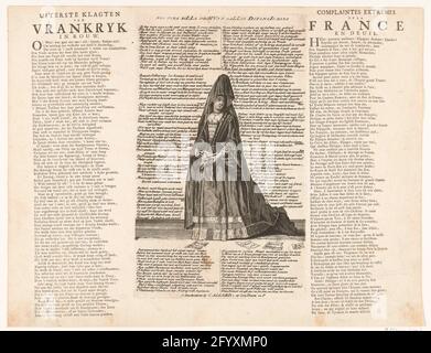 Madame der Maintenon als die klagende Frankreich, 1706; Extreme klagt von Vrankryk in Trauer / klagte Extrémes Dela Frankreich und Verschluss; Royal Almanach von 1706 / 't Lusthof von Momus. Madame de Maintenon als das klagende Frankreich, für die Füße stehend, als Witwe gekleidet. In der Platte Verse in Niederländisch, auf das Blatt gepresst 2 Spalten Text in Niederländisch und Französisch. Karikatur zur Situation im Jahr 1706 im Spanischen Erbfolgekrieg. Teil einer Reihe von Cartrents über die Franzosen und Verbündete aus dem Jahr 1706. Stockfoto