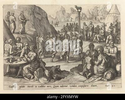 Tanz um das goldene Kalb; Geschichte des Mose nach dem Exodus; Historia moisis in deserto (...); Thesaurus Sacrarum HistoriaRu [M] Veteris Testame [N] Ti, Elega [N] Tissimis Imaginibus Expressu [M] Excelle [N] Tissimoru [M] in Hac Editus Arte Viroru [M] Oper: Jetzt [N] C. Das jüdische Volk tanzt und musiziert um eine Säule mit dem goldenen Kalb. Im Vordergrund wird ein Festmahl gegessen. Auf der linken Seite auf einem Hügel bricht Mose die Gesetzentafeln nieder. Unter der Show eine Referenz in Latein auf den Bibeltext in ex. 32. Print ist Teil eines Albums. Stockfoto