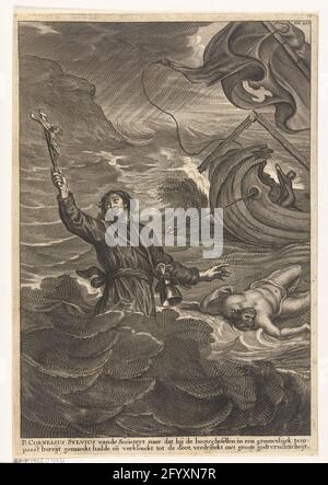 Cornelis Sylvius ertrinken; berühmte katholische Märtyrer. Der Druck zeigt den heroischen Tod des Jesuiten Cornelis Sylvius. Inmitten eines stürmischen Meeres hält der Priester mit seiner rechten Hand ein Kruzifix in die Luft. Ein Fehlhub ist an seinen Gürtel gebunden. Zusätzlich zu ihm fährt eine Leiche eines Matrosen. Im Hintergrund ein Schiff, das der Spielball der wilden Wellen ist. Einer der Seeleute ist noch auf dem Schiff und betet bereits knieend. Der Druck hat eine niederländische Bildunterschrift: 'P. Cornelius Sylvius Vande Societeyt naer, dass er die Bootsgheslen in einem Groupwelijck Tempeest genannt hatte geleert und bis zum Punkt abgelehnt, ertrank Stockfoto