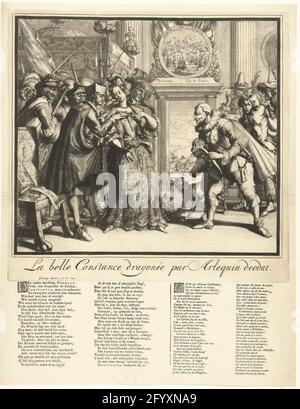 Karikatur zu Ludwig XIV. Und zur Verfolgung der Protestanten in Frankreich, 1689; La Belle Constance Dragonée Par Arlequin Doohat; Karikatur zu Jacobus II. Und Ludwig XIV. Und den Ereignissen in den Jahren 1688-1689. Karikatur auf Ludwig XIV. Und die Verfolgung der Protestanten in Frankreich, 1689. La Belle Constance (die französischen Protestanten) der Hof wird von Ludwig XIV., Jesuit und Soldaten gemacht. In der Gruppe rechts mit König Jacobus II. Und der Königin mit dem armen Kind kann sie keine Sicherheit finden. Unter der Show 2 Verse von 2 Spalten jeweils in Niederländisch und Französisch. Stockfoto