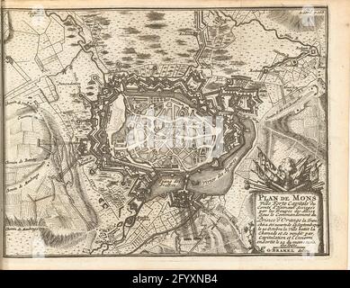 Belagerung von Bergen, 1709; Plan the Mons Ville Forte (...) Assiege Par les troupes des Alliez. Sous le Commandement du Prince d'Orange (...). Karte von Mons (Bergen) Ziesterd von den Alliierten und aufgenommen am 20. Oktober 1709. Illustration in der holländischen Übersetzung von 1716 von J. Lamigue, das Leben von Zyne Hoogheit Johan Willem Friso, dl. II, S. 168/169. Stockfoto