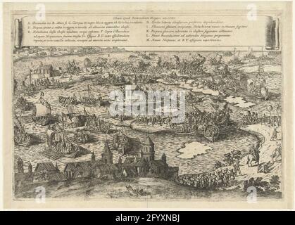 Die Spanier aus dem Bommelerwaard, angetrieben durch das Durchstechen der Deiche, 1585; Obsessi Apud Bommeliam Hispani an 1585. Die Spanier unter dem Grafen von Mansfeld durch den Grafen von Hohenlohe vom Bommelerwaard, der durch das Durchstechen der Deiche getrieben wurde, 22. Dezember 1585. Die spanischen Soldaten, die vom Wasser eingeschlossen sind, werden schließlich gerettet, diese Episode ist auch als das Wunder von Empel bekannt. An der Spitze einer Banderole der Titel und die Legende A-M in Latein. Stockfoto