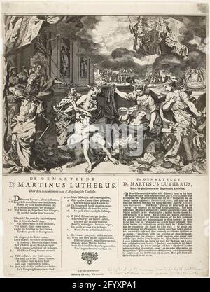 Allegorie auf die Künste in der lutherischen Gemeinde in Den Haag, 1739; der gequälte Dr. Martinus Lutherus, von sijn Nachkommen der D'Augsburgsche Confession / der Lampelde Dr. Martinus Lutherus, durch die Nachkommen der Augsburghse Confession. Allegorie auf die Streitigkeiten in der lutherischen Gemeinde in Den Haag zwischen den mauritischen Maassen Pastoren und J.G. PAMBO, 1739. Die lutherische Kirchenschicht liegt auf dem Boden und ihre Kleidung wird durch gewellte, fette und Gier am Puls der Zeit, rechte Stadtautorität und den Geist von Jacob Böhme auseinandergerissen. Martin Luther schaut aus den Wolken auf die Szene herab. Stockfoto