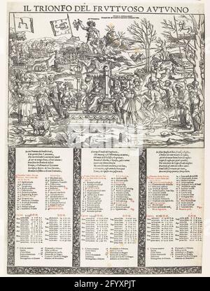 Der Herbst; Il trionfo del Fruttuoso Autunno; Triumphs der vier Jahreszeiten. Eines von vier Rotorblättern eines Kalenders. Herbsttriumphzug: Pomona in einem Triumph, der von zwei Vögeln und zwei Tassen gezeichnet wird, begleitet von verschiedenen Personen und Personenfiguren. Im Hintergrund Herstellung von Wein. Die Monate September, Oktober und November, dargestellt durch Flaggen mit dem Sternbild. Unter dem Bildkalender der drei Herbstmonate. Stockfoto