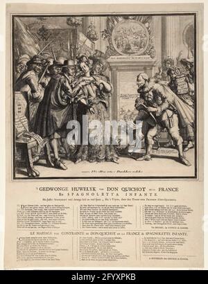 Die Zwangsheirat von Don Quixote, 1706; Themonied Huwelyk von Don Quixote Dela France und Spagnoletta Infante; Le Mariage par contrainted de Don-Quixote de la France & Spagnolette Infante; Royal Almanach von 1706 / 't Lusthof von Momus. Karikatur über die Ankunft von Philip V. in Spanien und seine Ehe mit der spanischen Jungfrau. Über der Tür eine Darstellung der Aufnahme von Barcelona durch die Flotte der Alliierten unter Karl III. (1706). Die Originalplatte (La Belle Constance, die "Debenée PAR ALQUIN DEODAT") passte sich der Situation im Jahr 1706 im Spanischen Erbfolgekrieg an. Auf dem Blatt unter t Stockfoto