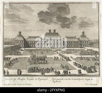 Ansicht des Hauses ter Nieuburch in Rijswijk, 1697; das Gesicht der Koninkkehke Huys in Ryswick; Serie von sechzehn kleinen Drucken über das Haus Ter Nieubch in Rijswijk und die Friedensverhandlungen, 1697. Ansicht des Hauses ter Nieubch in Rijswijk. In der Bildunterschrift die beiden Titel auf Französisch und Niederländisch. Teil (Druck 2) der Serie von sechzehn kleineren Drucken über das Haus Ter Nieubch in Rijswijk und die Friedensverhandlungen hielten dort unzufrieden mit dem Frieden von Rijswijk am 20. September 1697. Stockfoto