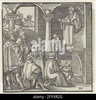 Das dritte Gebot (du wirst dich nicht zum Schnittbild machen): Martin Luther predigte in einer Kirche; Predigermönch; Katechismus für die Grinder, Pfarrer und prediger, 3 (23). Preseced man auf der Kanzel. Die Anhörung besteht aus elegant gekleideten Männern und Frauen. Illustrationen aus Luthers 'Katechismus für die Grindiger-Pfarrer und PREDIGER', 3 (23). Stockfoto