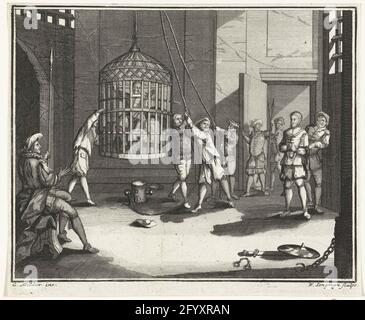Jan Kruyze und Willem van Deutichem werden im Wassenaarskooi in Hattem, 1520, abwechselnd bestraft. Jan Kruyze, Steward von Salland und Willem van Deutichem, Schout van Deventer, werden im Käfig Wassenaar, dem Käfig von Jan van Wassenaar, in Hattem , 1520, getrimmt. Die Szene spielt sich im Gefängnis ab. Stockfoto