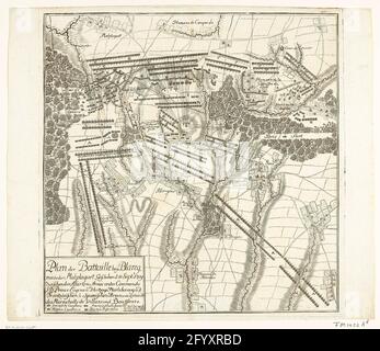 Schlacht von Malplaquet, 1709; Plan der Battaille Bey Blaregnies oder Malplaquet, Geefhen d.. 11 Sep: 1709 Zwischen der Alirten Armée unter Command D. Prinz Eugene U [ND] Hertzogs Marleboroug, U.D.D. Frantzösischen U [ND] Spanish Armee unter com [M] Ando des Mareschalls de Villars und Bouffleurs. Karte der Schlacht von Malplaquet, wo die Franzosen von den Alliierten unter Prinz Eugenius aus Savoyen und dem Herzog von Marlborough besiegt wurden, 11. September 1709. Stockfoto