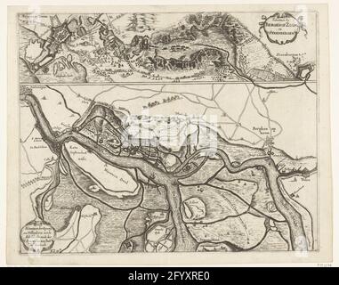 Schansen bei der Belagerung von Bergen op Zoom 1622 und die Schansen an der Schelde 1627; Schantzen von Bergen op Zoom und Steenbergen / Schantzen der Spaense und Hollandener Aen de Schelde als Teil der Spaenschen Aenslach am Zeelandt. Blatt mit zwei Vorstellungen. Über den Scans der versagten Belagerung von Bergen op Zoom durch die spanische Armee unter Spinola und Velasco, 18. Juli - 3. Oktober 1622. Unter einer Karte des Fluss- und Bachgebiets zwischen Ooster und Westerschelde mit dem Bau der niederländischen und spanischen Schansen an der Schelde im Jahr 1627, einschließlich der spanischen Chance in Zandvliet. Mit dem Stockfoto