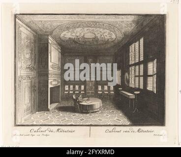 Kabinett des Mediators im Haus Ter Nieuburch in Rijswijk, 1697; Kabinett des Mediators / Cabinet du Mediator; Serie von fünfzehn Drucken über das Haus Ter Nieuburch in Rijswijk und die Friedensverhandlungen, 1697; Le Château Roial De Ryswick Appelle De Neubourg AVEC Les differens Apartenens Ou SE Tiennent Les Conference De La Paix Generale / das Schloss Koninglyke nach Ryswyck, nennt Nieuwburg, mit allen Selfs-Zimmern und Höflichkeiten, in BYSonder, seit der Konferenz der allgemeinen Liebsten statt, & c .. Das Zwischenkabinett im Haus ter Nieuburch in Rijswijk. In der Bildunterschrift die beiden Stockfoto
