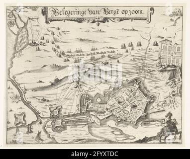 Belagerer von Bergen op Zoom, 1622; Berge op Zoom Belagerer. Gescheiterte Belagerung von Bergen op Zoom durch die spanische Armee unter Spinola und Velasco, 18. Juli - 3 1622. Oktober. Plan der Stadt und Umgebung, im Vordergrund ein Reiter. Oberhalb der Reise der spanischen Armee, rechts das Lager. Siehe auch das entsprechende Textblatt. Stockfoto