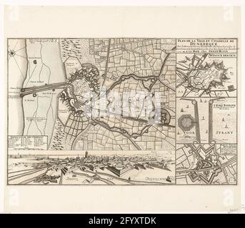 Festungsplan von Dunkirk, 1712; Plan de la Ville et Citadelle de Dunkerque AVEC LES FORTS zux UMGEBUNG (...) ELLE EST AU ROY DEPUIS LE 27E NOVEMBRE [1662] ET CÉDÉE à l Angleterre und 1712. Karte von Duinkerke, nach Vereinbarung von den Engländern im Juni 1712 besetzt. Am unteren Rand einer Wand auf Dunkirk, rechts Festungspläne von Sint-Winoksbergen, Fort Risbank und Fort Knokke. Stockfoto