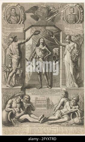 Allegorisches Porträt von Francisco de Castel Rodrigo bei seiner Abreise als Gouverneur, 1668. Allegorisches Porträt von Francisco de Castel Rodrigo (Franciscus de Moura) bei seiner Abreise als Gouverneur der spanischen Niederlande, 9. Oktober 1668. Der in Rüstung stehende Marquis wird von Merkur und Pallas gekrönt. Obere Porträts der Familienmitglieder Christophorus und Emanuel de Moura. Flussaufwärts von Donau, Rhein, Schelde und lateinischer Inschrift in 3 Spalten. Stockfoto