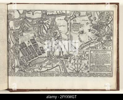 Karte von Ostende, 1604; Ostende When ESTZZGER Zeit, Daerdus Zuhen, der den Ertzhertzog Hinan und Inune machen will (...); Serie 10: Niederländische und ausländische Veranstaltungen, 1587-1612. Karte des belagerten Ostendes, Juni-Juli 1604. Plan der Stadt und der Positionen der Truppen Albrechts. Einsatz mit Kämpfen um eine Festung auf der Westseite der Stadt am 16-17. Juli. Kartusche mit Titel und Text. Mit einer Beschriftung von 12 Regeln in deutscher Sprache und der Legende der Figuren 1-25. Nicht Nummeriert. Stockfoto