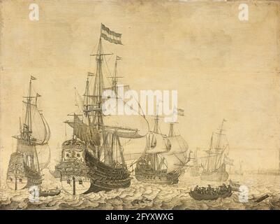 Seascape mit den niederländischen Kriegsmänner, die die 'Drenthe' und den 'Prinz Frederick-Henry' einführten. Meereslandschaft mit ein paar holländischen Kriegsschiffen, darunter die Drenthe und der Prinz Frederick Hendrick, vor einer Schiffsschlaufe. Stockfoto