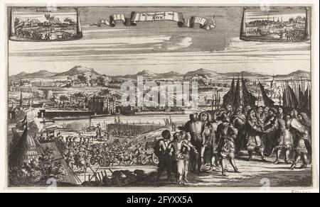 Die Eroberung von Bonn durch Willem III., 1673; die Eroberung von Gutschein. Die Eroberung von Bonn durch Prinz Willem III., 13. November 1673. Blick auf die deutsche Stadt am Rhein. Im Vordergrund rechts gratulieren sich Prinz und Graf Montecuccoli. Oben an den Ecken zwei kleine Darstellungen der Eroberungen von Rheinbach und Brühl. Stockfoto