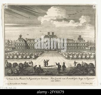 Ansicht des Hauses ter Nieuburch in Rijswijk, 1697; das Gesicht von 't Kanellyke Huys in Ryswick von hinten; Serie von sechzehn kleinen Drucken über das Haus Ter Nieubch in Rijswijk und die Friedensverhandlungen, 1697. Blick auf das Haus ter Nieubch in Rijswijk, hinten. In der Bildunterschrift die beiden Titel auf Französisch und Niederländisch. Teil (Druck 4) der Serie von sechzehn kleineren Drucken über das Haus Ter Nieubch in Rijswijk und die Friedensverhandlungen hielten dort am 20. September 1697 unzufrieden mit dem Frieden von Rijswijk. Stockfoto