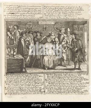 Heilung von Krankheiten durch Tanzen, 1673; La Maladie Guaris PAR La Dance / Sickte von Dancing Genesen; sechs französische Kartelle auf den Holländern aus dem Jahr 1673. Krankheit durch Tanzen heilen. Französische Karikatur auf die Holländer 1672-1673. Interieur, in dem eine kranke Frau (die niederländische Jungfrau?) Befindet sich auf einem Stuhl und ist von Ärzten umgeben, die verschiedene Behandlungen darstellen. Verbindet zwei Musiker, an den Wänden Porträts von Calvin und Luther. An der Spitze der Legende 1-8 in 7 Regeln auf Französisch. Am Ende der Legende herrscht 1-9 in 13 auf Niederländisch. Stockfoto