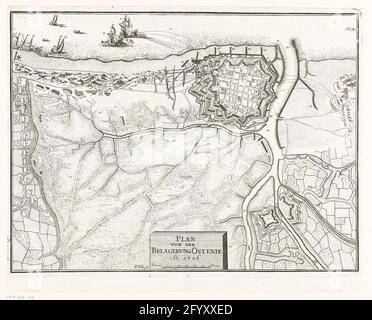 Belagerung von Ostende, 1706; Plan von der Belaborung Ostende Ao. 1706. Karte der Belagerung von Ostende durch die Alliierten unter Herrn Van Ouwerkerk wurde die Stadt am 6. Juli 1706 erobert. Details in der Show mit Zahlen und Buchstaben markiert, aber eine Legende fehlt. Stockfoto