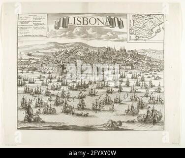 Ankunft der holländischen englischen Flotte mit König Karl III. In Lissabon, 1704; Lisbona. Ankunft der holländischen englischen Flotte mit König Karl III. (Erzherzog Karel van Austria) in Lissabon, 7. März 1704. Blick auf Lissabon mit den Schiffen der Flotte auf dem Tejo für die Stadt. Oben links die Legende, oben rechts eine Wette mit einer Karte von Spanien und Portugal. Stockfoto