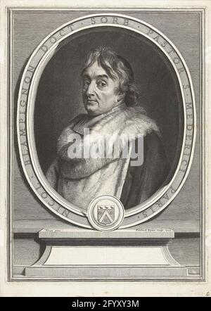 Porträt von nicolas de bluminignon. Porträt von Nicolas de Bluminignon (1640-1710), Pastor des Heiligen Merri in Paris, dargestellt in ovalem Bilderrahmen mit Arm. Stockfoto