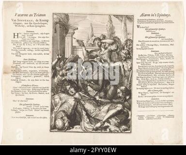 Ludwig XIV. Erkrankt nach dem Essen harter spanischer Noten, 1706; vakant au trianon / Alarm in Spinhuys; Royal Almanach von 1701 / 't Lusthof aus Momus. Karikatur auf den französischen König Louis XIV, der nach dem Essen auf harte spanische Noten krank wird, 1706. Die maîtresses beugen sich über den König, Gebäude und Bäume im Hintergrund. Auf beiden Seiten der Platte ein Vers von 2 Spalten in Niederländisch. Teil einer Serie von 19 Karikaturen über die Franzosen und Verbündete aus dem Jahr 1706. Stockfoto
