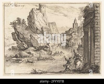 Rockshust von Kampanien mit Stadt und Reisenden. Flusslandschaft mit zwei Reisenden, Felsküste, Stadt und Figuren, Spiegelzeiten wurden von einem Teil der Paul-Brille kopiert, die Wand mit zwei Säulen und einem Architraph auf der rechten Seite hinzugefügt. Stockfoto