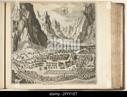 Gesicht von glaus, 1726; Bourg de Glaris und Suisse; Les Forces de l'Europe, Asie, Afrique et Amerique (...) Comme Aussi Les Cartes des Côtes de France et d'Espagne. Blick auf den Ort Glarus in einem Tal inmitten der Berge in der Schweiz. Tafel Nr. 330 im Teil XIV des Bildes: Les Forces de l'Europe, Asia, Afrique et Amerique ... Comme Aussi Les Cartes des Côtes de France et d'Espagne aus dem Jahr 1726, dieser zweite Teil mit 271 handnummerierten Tafeln namhafter starker Städte und Festungen im Kontext des spanischen Erbfolgekrieges 1701-1713. Diese Platten wurden größtenteils kopiert Stockfoto