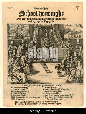 Titeldruck der Broschüre von 1618 mit dem Titel: Wunderbare Schulhaltung von Herrn Jan van Olden Bernevelt; wunderbare Schulhaltung von Herrn Jan van Olden Bernevelt / mit dem Aenbewinge auf diesen Feigen. Titeldruck der Broschüre von 1618 mit dem Titel 'wunderbare Schule-Haltung von Herrn Jan van Olden Bernevelt / mit dem Aenbewinge auf diesen Feigen. In der Druckschrift ist Johan van Oldenbarnevelt der Schulmeister einer Klasse, in der die wichtigsten Vertreter der Aufdringlinge und anderer Toleranzbekenner sind. Die Menschen wurden mit Briefen bezeichnet, die unter der Show erklärt werden. In t Stockfoto