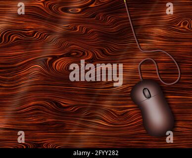 Computermaus auf Holzschreibtisch. 3D-Rendering. Stockfoto