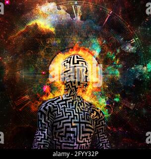 Mann mit Labyrinthmuster und brennendem Halo meditiert in lebhaftem Raum. 3D-Rendering. Stockfoto