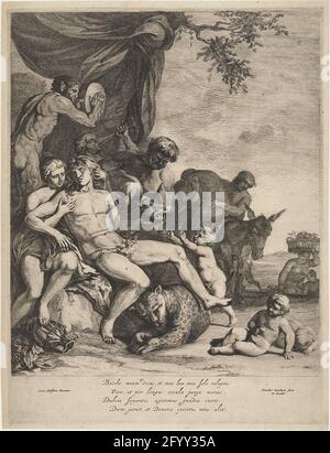 Bacchanal. Bacchanal, wo der Wein reich fließt und auf einem Tamburin einen sater spielt. Der betrunkene Bacchus wird von zwei Männern von einem Esel gehoben. Latein frisch in vier Zeilen. Stockfoto