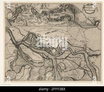 Schansen bei Bergen op Zoom und Steenbergen und entlang der Schelde, ca. 1622; Schantzen von Bergen op Zoom und Steenbergen / Schantzen der Spaense und Hollandener Aen de Schelde als Teil der Spaenschen Aenslach auf Zeelandt. Blatt mit zwei Vorstellungen. Über der gescheiterten Belagerung von Bergen op Zoom durch die spanische Armee, 1622. Unter einer Karte der Gegend um die Schelde mit der spanischen und niederländischen Schansen. Stockfoto