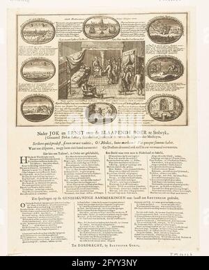 Der schlafende Bauer aus Stolwijk, 1707; Nader Jok und Serious über den schlafenden Bauern aus Stolwyk (genannt Dirk de Bakker, Rietdekker) rösteten die konfusen Streitigkeiten von Medicyns. Der schlafende Bauer aus Stolwijk (Dirk Klaasz de Bakker) verwendet in einer Karikatur über die Franzosen im Jahr 1707. Zentral zum Bett mit dem schlafenden Mann, um den sich Ärzte und Zuschauer sammeln. Diese Show ist umgeben von acht kleineren Szenen mit Stadtansichten und Emblemen. Mit Inschriften in der Niederländischen Aufzeichnung. Unter der Platte ein Blatt mit zwei Punktversen gestapelt. Stockfoto