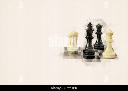 Schachspiel. Schachfiguren auf Schachbrett, isoliert mit Kopierraum. Aquarelle, Aquarell-Illustration. Stockfoto