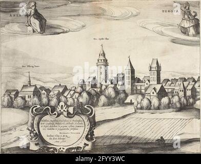 Blick auf Nürnberg (Blatt 1). Blick auf die deutsche Stadt Nürnberg. In der Luft über der Stadt, die Personifikationen von Asien und Europa Setz dich. Stockfoto