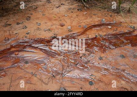 Große bunte Ölfleck auf dem Boden. Oilfield Stockfoto