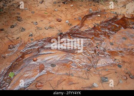 Große bunte Ölfleck auf dem Boden. Oilfield Stockfoto