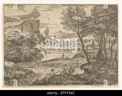 Landschaft mit drei Menschen auf dem Weg; der Mann und die beiden Frauen unter dem Blatt der Bäume; Landschaften, Serie. Landschaft mit einer stehenden und zwei sitzenden Figuren entlang eines schwingenden Pfades im Vordergrund; weiter auf zwei Wanderer. Im Hintergrund eine Stadt auf einem See und ein Gesicht auf einem Bergdorf oben links. Erster Druck aus der Serie von vier Stück. Stockfoto