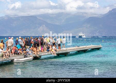 Lotu Beach, Haute-Corse und seine Pier. Korsika, Frankreich Stockfoto