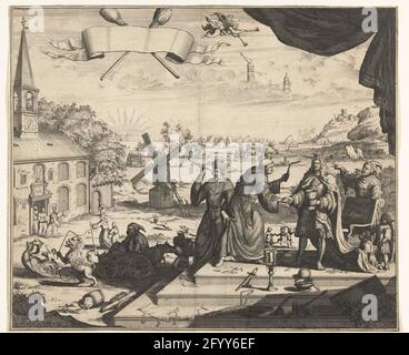 Karikatur zu Jacobus II nach dem Verlust am Kap La Hogue, 1692. Karikatur auf den englischen König Jacobus II. Nach dem Sieg der Holländer und Engländer über die Franzosen in der Schlacht von Kaap La Hogue im Kanal, 29. Mai bis 3 1692. Juni, und in das Kloster auf seine Absicht zu gehen. Jacobus als Mönch mit gebrochener Krone und geknüpftem Zepter sagt König Ludwig XIV. Auf Wiedersehen mit einem Abschiedsgetränk. Hinter dem König und jesuiten mit Fernglas. Links das Kloster, weiter eine Windmühle, ein Mönch in einem vom französischen Hahn gezogenen Wagen, tanzende Affen usw. im Hintergrund die Seeschlacht. Ohne Textblatt. Stockfoto