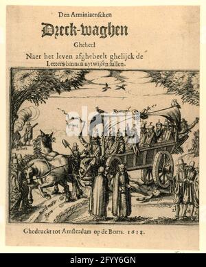 Titeldruck des Flugblatts: Die Arminiaenschen DRACK-WAGHEN GHEHEAN NAE Life Afgheel Ghelijck die Briefe in Uytwijsen sullen, 1618; die Arminiaenschen DRECK-WAGHEN ganz enge Leben Afgheen Ghelijck die Briefe in Uytwijsen sullen. Titeldruck der Broschüre 'Den Arminiaenschen Dreck-Waghen Gheheel Nerer Life Afgheen Ghelijck die Briefe innerhalb Uytwijsen sullen', von 1618. Die Show basiert auf dem großen anonymen Druck von 'd'Arminiaensche DRECKWAREN' (FM 1352). Neu ist die Hinzufügung der Sillyness, die unter den Rädern des Autos zerquetscht wird. Die Straße, auf der das Auto fährt, ist Stockfoto