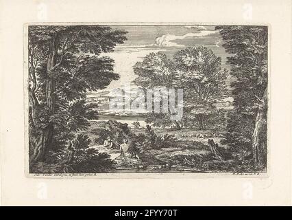 Landschaft mit zwei einander gegenüberstehenden Menschen; Landschaft mit Hirte mit Herde; Landschaften, zwei Serien. Landschaft mit zwei Personen im Vordergrund, von denen einer auf der Rückseite zu sehen war, einander gegenüber an einem See. Etwas weiter unten ein Hirte und im Hintergrund zwei Menschen, die einen Fluss entlang gehen. Fünfter Druck aus den sechs Serien. Stockfoto