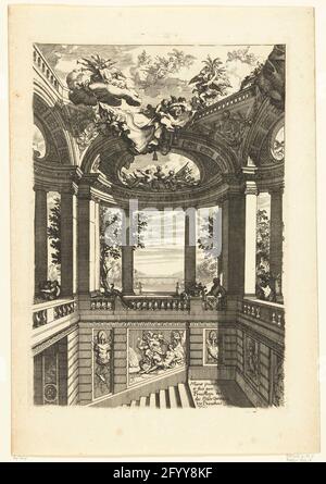 Trompe-l'oeil Dekoration für ein Treppenhaus; Nouveaux Liure de Pintures de Salles et d'Escelliers. Die Wände sind durch ionische Pilaster und Säulen miteinander verbunden. Diese unterstützen einen Architrav, auf dem eine achteckige Balustrade ruht. Stockfoto