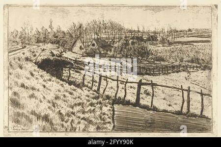 Dijk in Culemborg. Landschaft mit Häusern auf einem Deich. Stockfoto